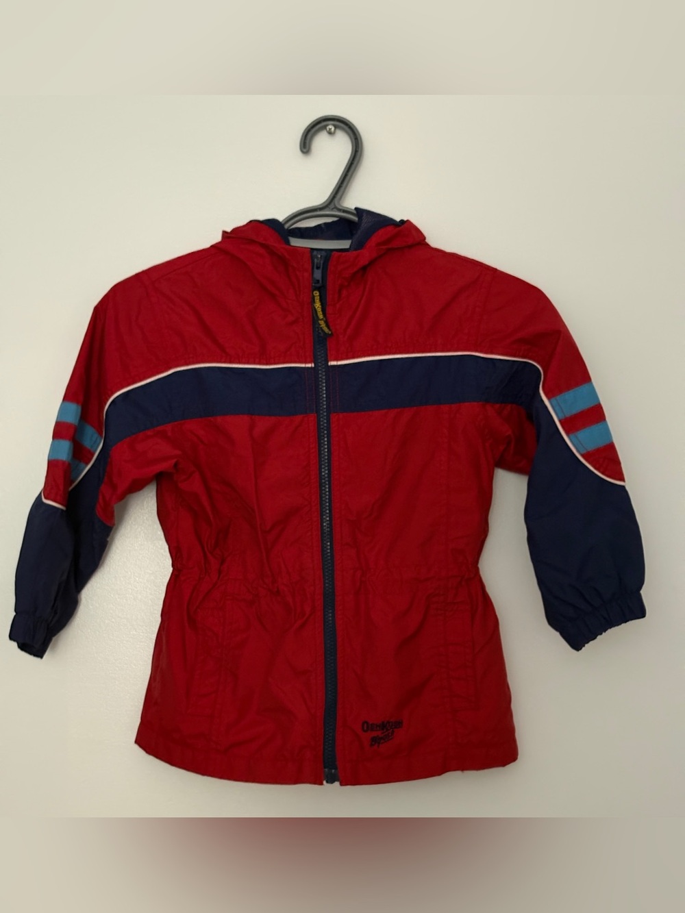 OshKosh B'gosh Red & Navy Hooded Rain Jacket with Light Blue Accents